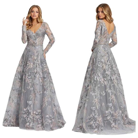 Mac Duggal 20214D Long Sleeve Embroidery V-Neck Evening Lace Dress Size 14 NWT - Picture 1 of 12